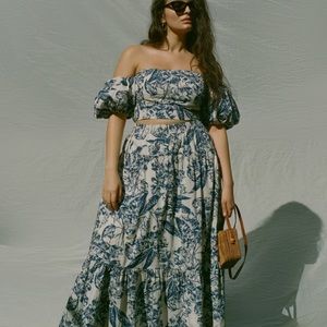 Poplin Tiered Maxi Skirt Blue Floral S